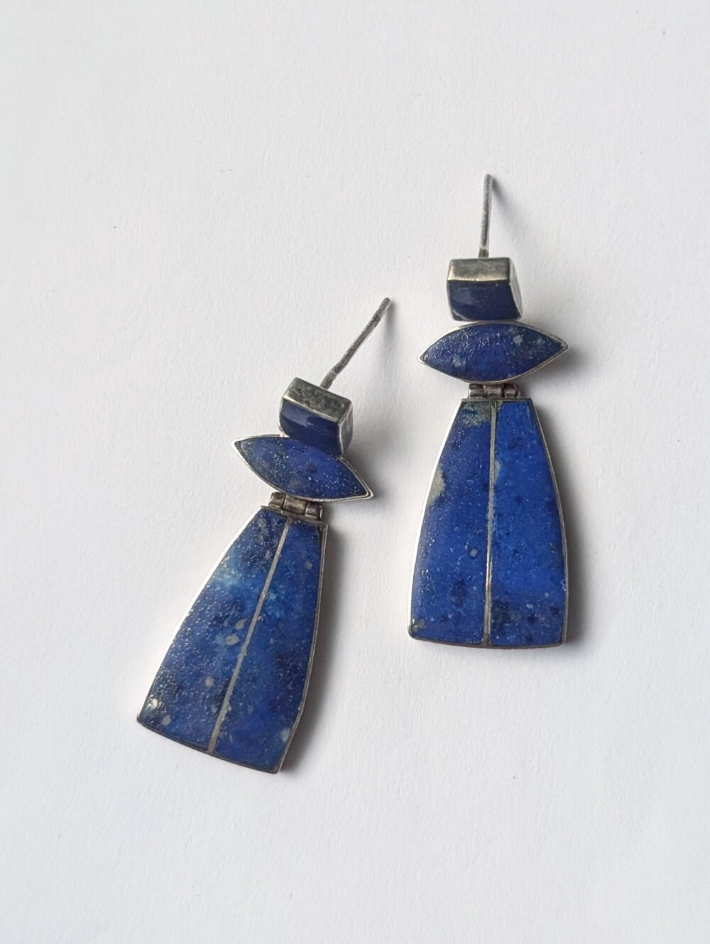Vintage sterling silver earrings lapis lazuli blue gem stone studs hinge dangle